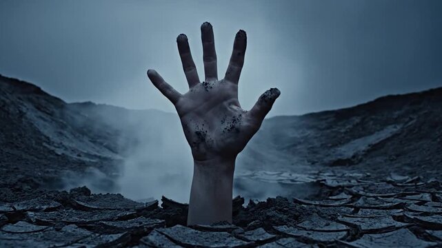 Dramatic hand reaching from cracked earth, representing struggle and despair.