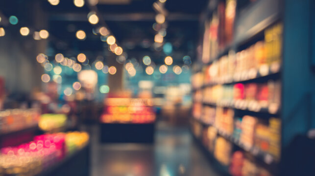 Abstract blurred supermarket interior with glowing bokeh lights and colorful product displays
