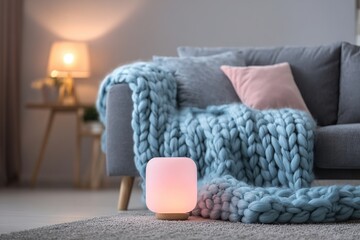 A cozy living room scene features a soft, blue throw blanket draped over a comfortable gray sofa, illuminated by a warm, ambient glow from a small, square aromatherapy diffuser.