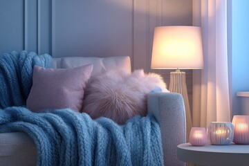 A cozy living room scene illuminated by warm light, featuring a plush sofa, soft blankets, and decorative pillows, creating a relaxing and inviting atmosphere.