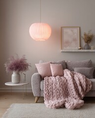 A cozy living room features a pink pendant light, a gray sofa, and soft pink pillows, creating a warm and inviting atmosphere.