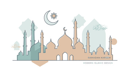 Islamic Mosque Silhouette with Crescent Moon and Geometric Shapes.