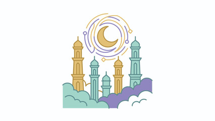 Islamic mosque with crescent moon and minarets illustration.