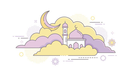 Islamic Mosque with Crescent Moon and Clouds Illustration.
