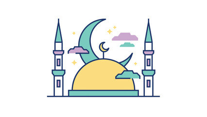 Islamic Mosque with Crescent Moon and Minarets.