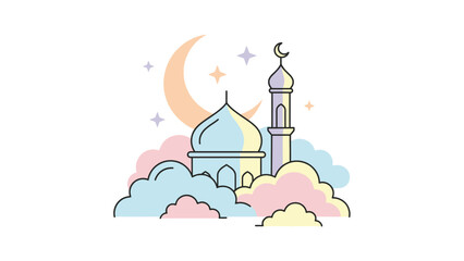 Islamic Mosque with Crescent Moon and Stars Illustration.