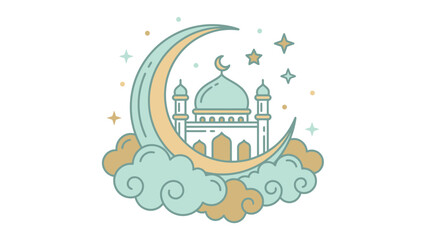 Islamic mosque with crescent moon and stars illustration.