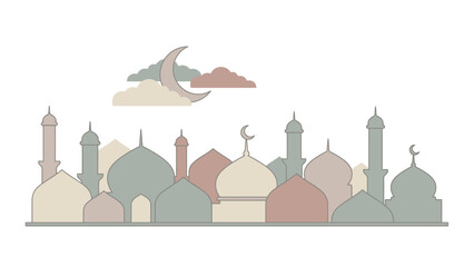 Islamic Mosques Silhouette with Crescent Moon and Clouds.