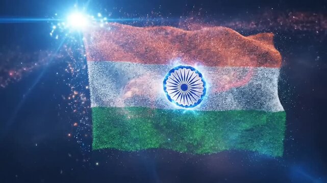 Cosmic animation of India flag with sparkling tricolour particle motion graphic ashoka chakra animated video footage for republic day independence day patriotic celebration culture theme