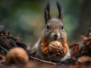 A cute red squirrel holds a walnut in its paws, sitting amongst fallen leaves and tree roots in a forest setting.