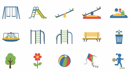 Collection of colorful playground equipment and outdoor toys.