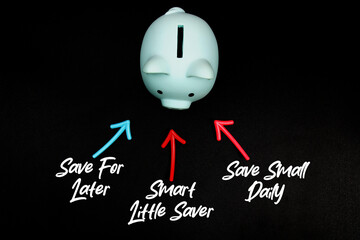 Pink piggy bank with three arrows pointing to financial tips: 