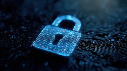 A glowing padlock icon is prominently displayed on a dark surface covered in circuit board patterns, symbolizing digital security and protection.
