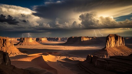 Dramatic desert landscape with stormy skies and lightning strikes at sunset