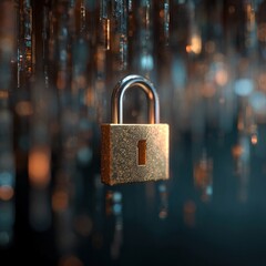 A golden padlock is secured against a blurred, digital background of glowing data streams and circuit patterns, symbolizing security and protection.