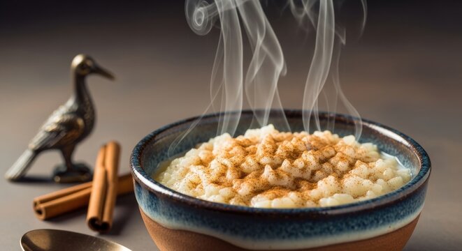 Creamy Steaming Ivorian Riz au Lait Rice Pudding with Cinnamon and Traditional Bronze Casting with Copy Space Above