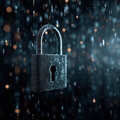 A dark padlock is suspended in a rainstorm, symbolizing security and protection amidst chaos.