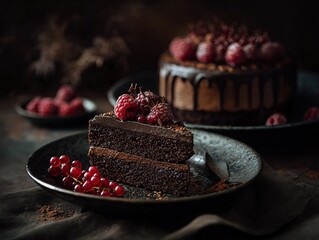 A decadent chocolate cake is adorned with fresh raspberries and chocolate sauce, creating a rich and inviting dessert scene.