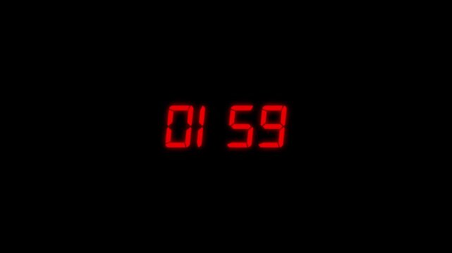 Timer concept, Red color digital timer number icon with looped animation on transparent background . 01 hours 59 minutes clock looped animation. (01 hours 59 min)