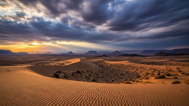 dramatic desert landscape with towering sand dunes and stormy sky scenic view - Powered by Adobe