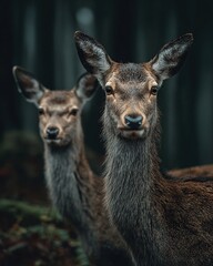Two deer stand close together in a dark forest, gazing intently at the viewer with curious expressions.