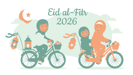 Muslim Family Celebrating Eid Al Fitr Riding Bicycles.