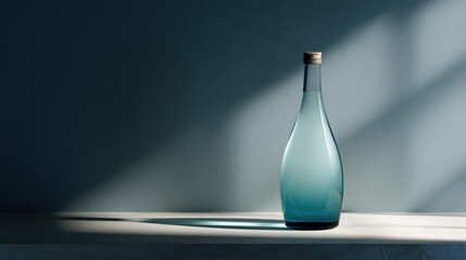 Elegant blue glass bottle on a minimalist surface with soft shadows and muted background tones