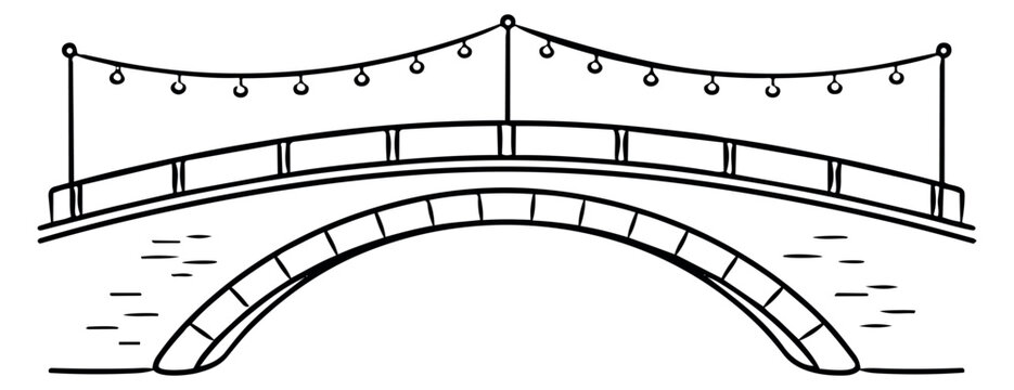 Hand drawn illustration of an arched bridge depicting string lights for festive decoration