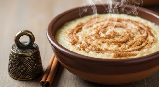 Creamy Steaming Ivorian Riz au Lait Rice Pudding with Cinnamon and Traditional Bronze Casting with Copy Space Above