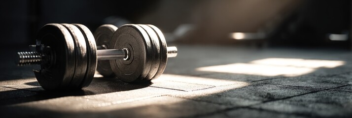 A pair of dumbbells rests on a concrete floor in a dimly lit gym, illuminated by a strong spotlight creating a dramatic and focused effect.