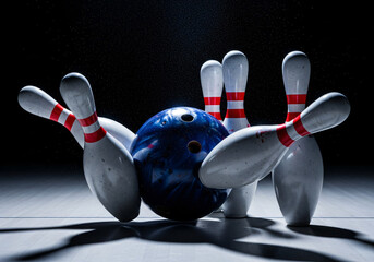 Blue Bowling Ball Strikes Pins Dramatic Impact Scene