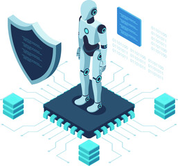 Isometric AI Cybersecurity Robot with Shield Protecting Data