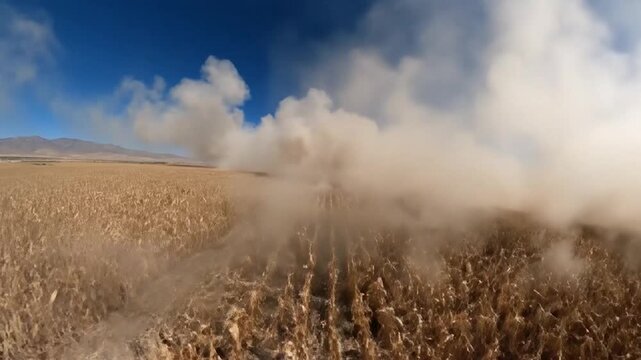 Dust cloud rising over a harvested corn field under blue sky.