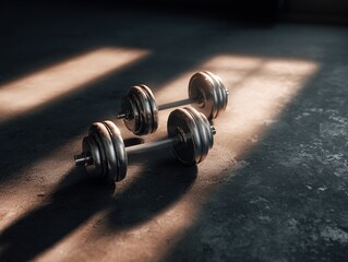 A pair of chrome dumbbells rests on a dark concrete floor, illuminated by dramatic sunlight creating long shadows.