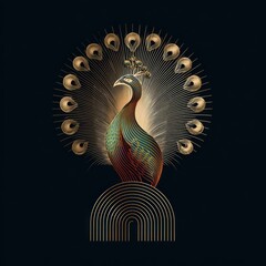 Vibrant peacock illustration with ornate feathers and golden accents against a dark background