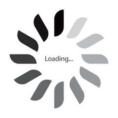 モノクロのグラデーションの流体シェイプが円状に並ぶローディングのマークのベクターイラスト。Webサイトやゲーム、データなどの読み込み中を表すフラットなUIアイコン