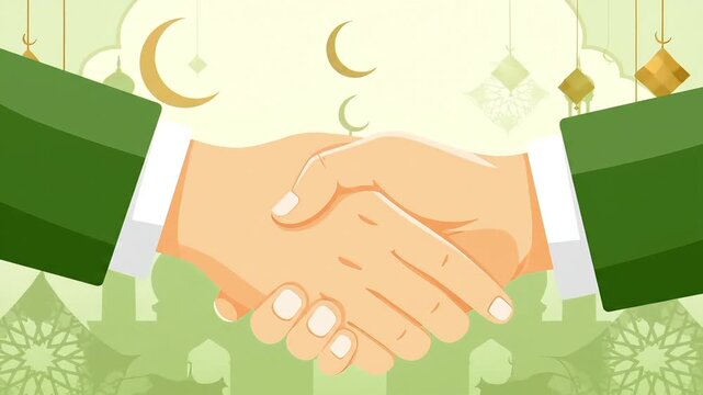 Two hands shaking in a gesture of greeting or agreement, set against a green background with Islamic crescent moons and geometric patterns, symbolizing unity and celebration.