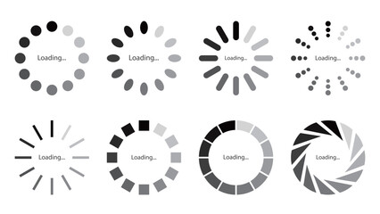 8種類のデザインのモノクロのグラデーションのローディングマークのベクターイラストセット。Webサイトやゲーム、データなどの読み込み中を表すフラットなUIアイコン。王道でシンプルなロード中の表示の詰め合わせ
