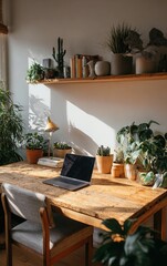 A bright and airy home office features a wooden desk, a laptop, and a variety of potted plants, creating a calming and productive workspace.