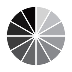 モノクロのグラデーションの円を12等分したローディングのマークのベクターイラスト。Webサイトやゲーム、データなどの読み込み中を表すフラットなUIアイコン