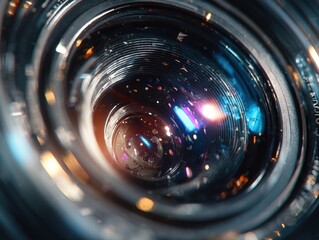 A close-up view of a camera lens, revealing intricate details and colorful light reflections within its structure.