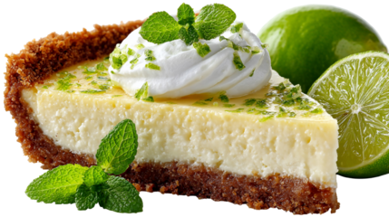 Delicious slice of key lime pie with whipped cream and fresh mint leaves