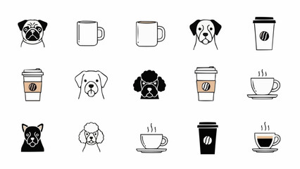 Collection of cute dog faces and coffee cup icons.