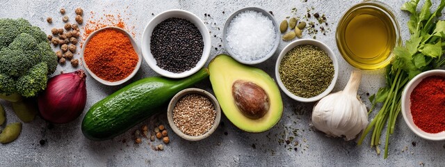 A vibrant assortment of fresh vegetables and spices are arranged on a dark gray surface, creating a visually appealing and colorful composition.