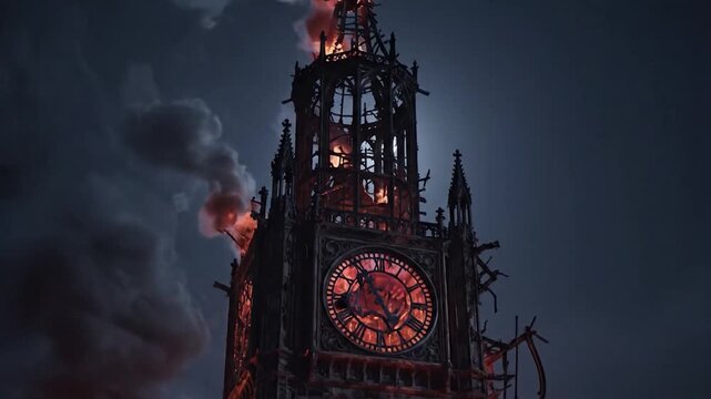 Gothic Clock Tower Burning with Flames and Smoke at Night.