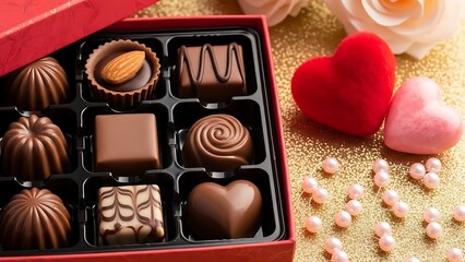 Assorted chocolates in box with heart shaped treats on table
