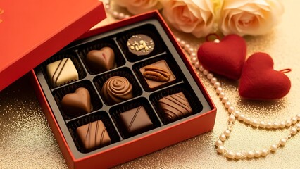 Valentine s day chocolates and jewelry on a table