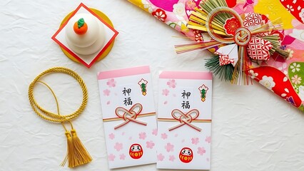 Traditional japanese new year items on white background