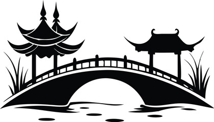 Detailed Silhouette Of A Bridge Over A Pond In A Chinese Garden