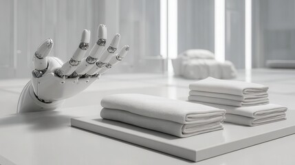 Robotic hand extending towards a stack of white linens.